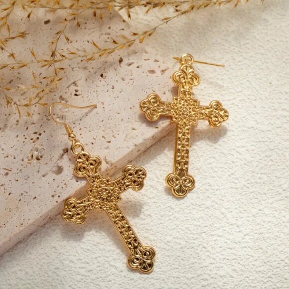 14K Gold Womens Hanging Etched Cross Earrings 14 Karat Silver Christian Jewelry